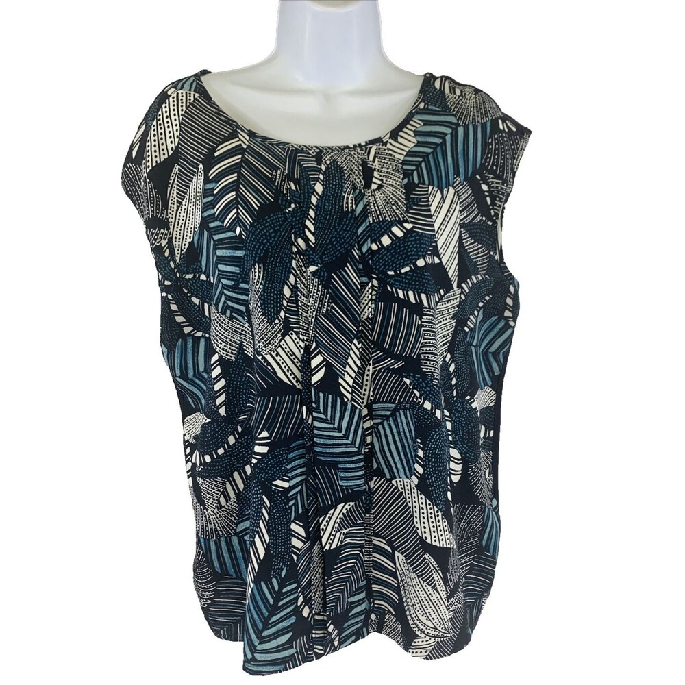 Ann Taylor Blouse Size L Sleeveless Black Blue and White Geometric Front Pleat